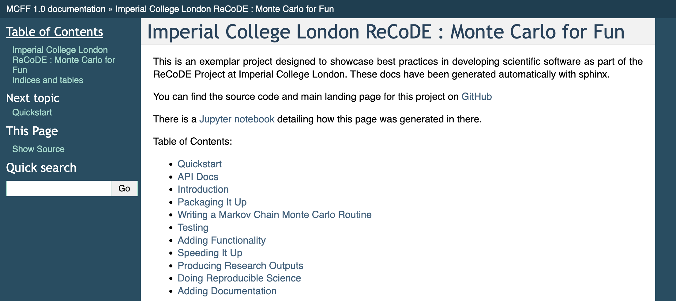 A screenshot of the read the docs page linked above